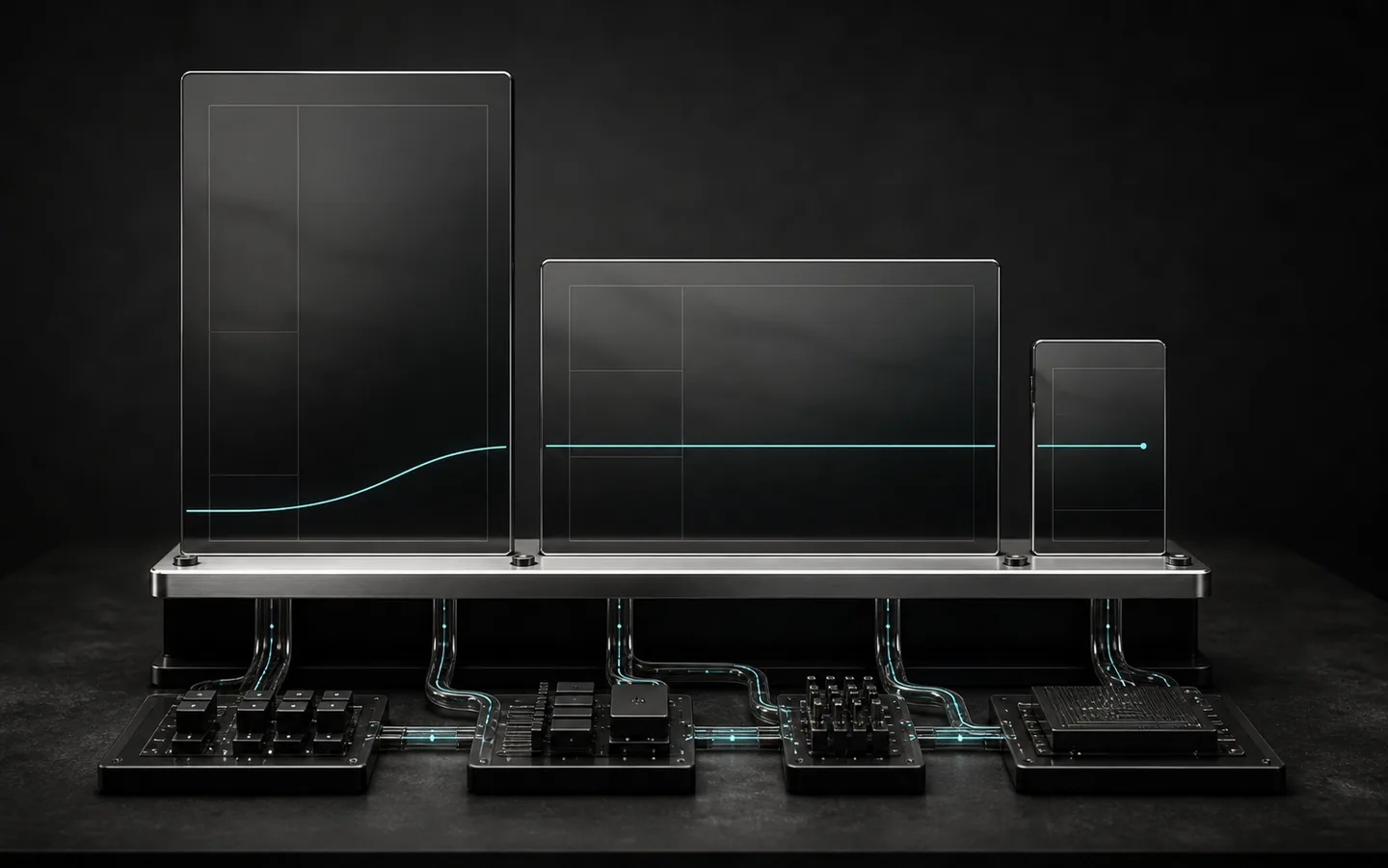 Connected glass display forms above modular control inputs in a dark technical environment